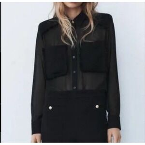 ZARA Womens Semi Sheer Button Up Size XS Black‎ Shoulder Pads Lightweight